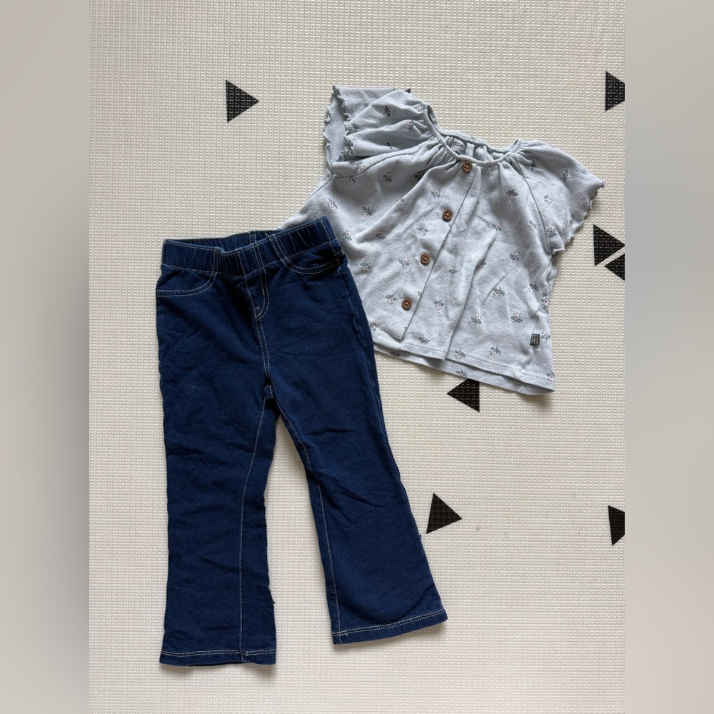 Gerber Light Gray Printed Button Front Top and Navy Blue Pants Set